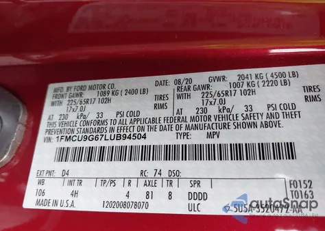 2020 Ford Escape Se z USA, uszkodzony, nr VIN 1FMCU9G67LUB94504